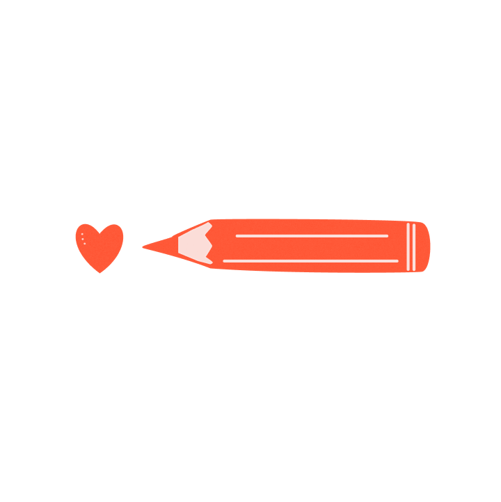 Drawing of a hand-sharpened pencil pointing towards a heart in warm coral tones.