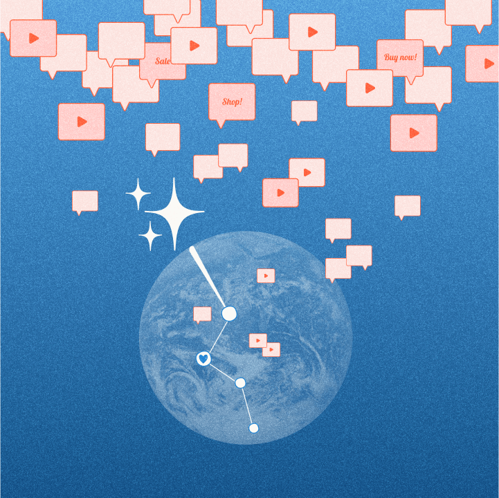 Illustration of planet Earth in blue and coral tones with digital advertising icons reading 'Shop!', 'Sale' and 'Buy now!' floating around it.