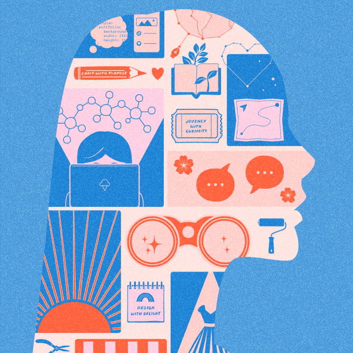 Stylised head silhouette filled with images symbolising my creative journey, including design tools, sunburst and speech bubbles in blue, coral and pink tones. Includes handwritten text that reads'craft with purpose', 'journey with curiosity' and 'design with delight'.