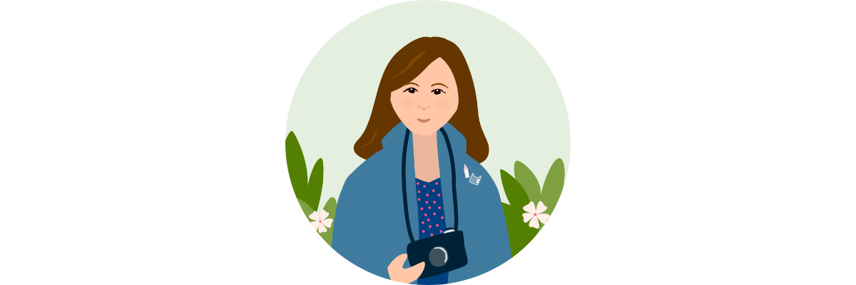An illustration of me with my camera and a leafy background
